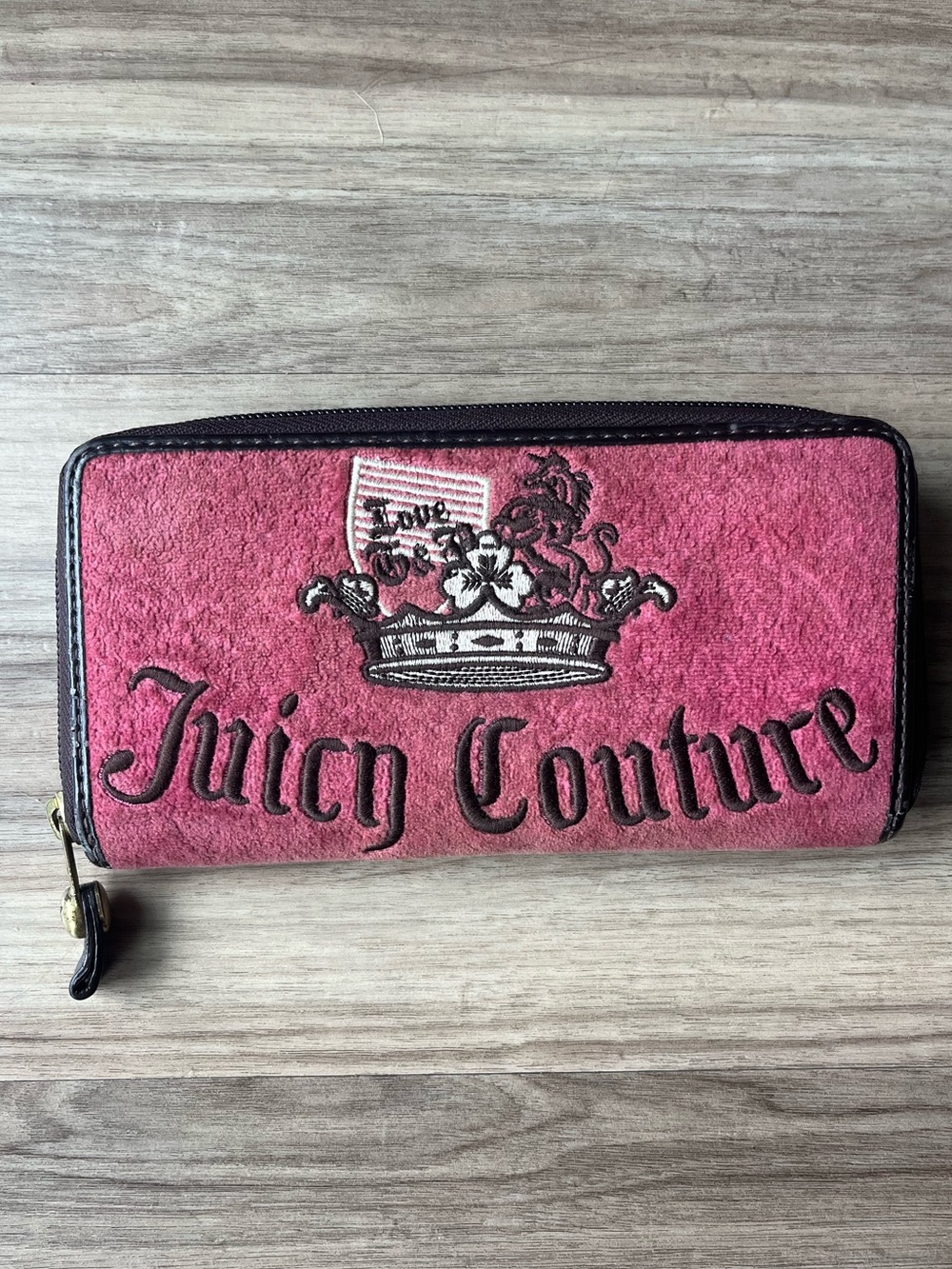Juicy Couture Hot Pink Suede Zip-Around Wallet with Embroidered Crest